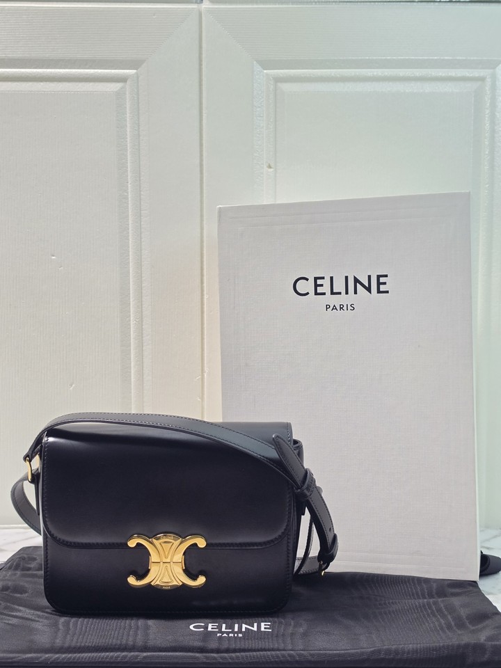 Authentic Celine Triomphe Teen Black Leather Gold Hardware Crossbody Bag