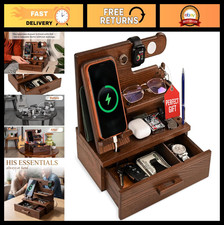 Wood Phone Docking Station with Drawer - Nightstand  Desk Organizer for Men, Gi