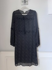 Womens Garnet Hill Shift Dress Silk Lined Ruffles Black Polka Dot Long Sleeve S