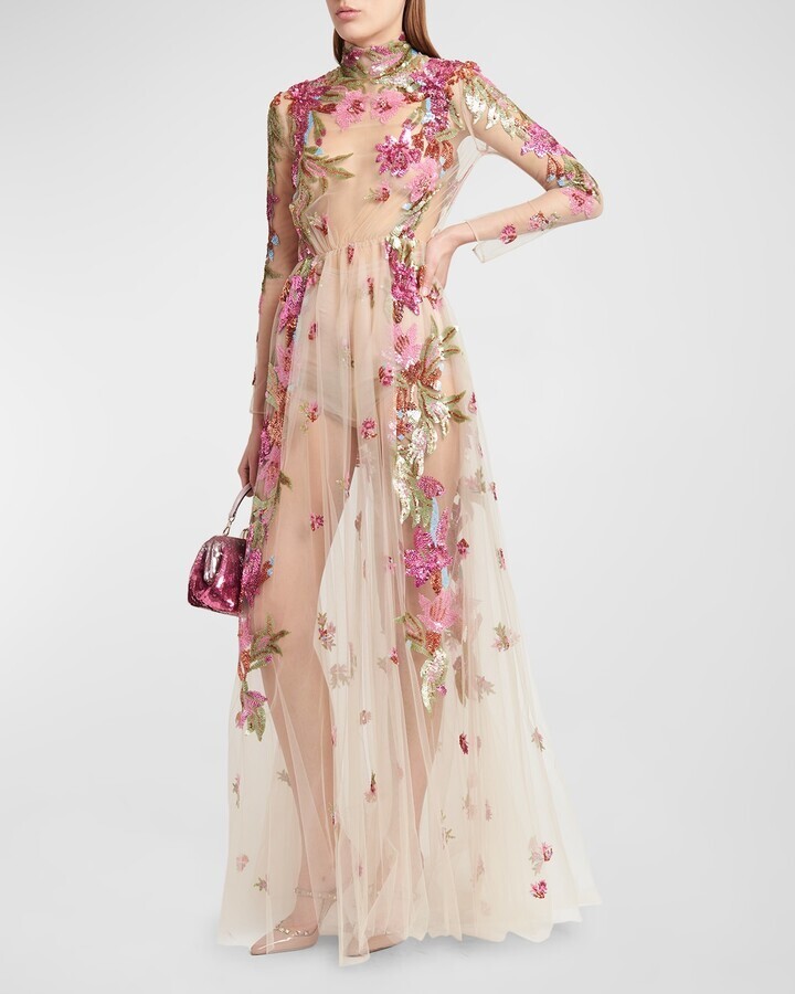 valentino floral dress Pre Fall 2016 with Cape dot twill trims outlining the V Valentino - Hot Pink Floral