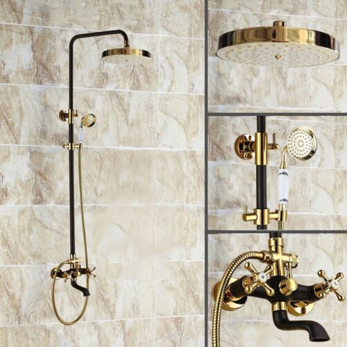 Black Gold Brass Bathroom Rainfall Shower Faucet Set w Tub Rain Taps Kit 2rs912
