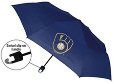 Storm Duds Milwaukee Brewers 42  Mini Folding Umbrella With Storm Clip   Navy