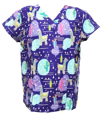 Serene Uniform Women's Medical Scrub Printed Tops Royal Base Llama Cactus XLarge