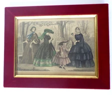 Vintage Art Print Godey's Unrivalled Colored Fashions Wood Velvet Frame Acrylic