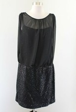 Adrianna Papell Black Sequin Mesh Overlay Blouson Cocktail Party Dress Size 10