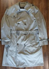 Whaling Mfg Co Double Breast Trench Coat Mens 44 Long Tan Made In USA Lined Belt
