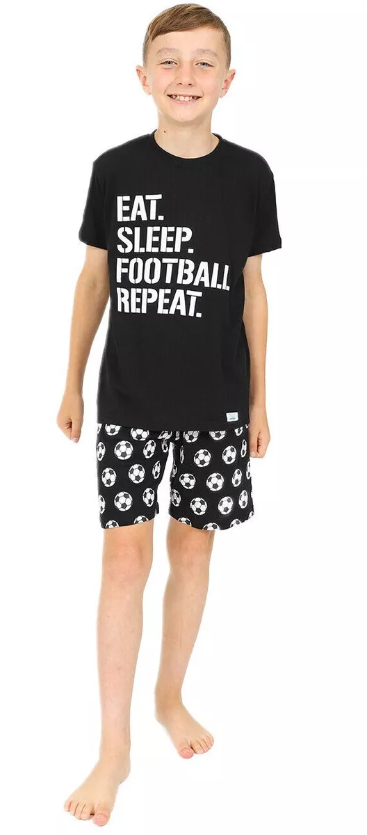 Boys Eat Sleep Football Repeat White Short Pyjamas Gamer Cotton