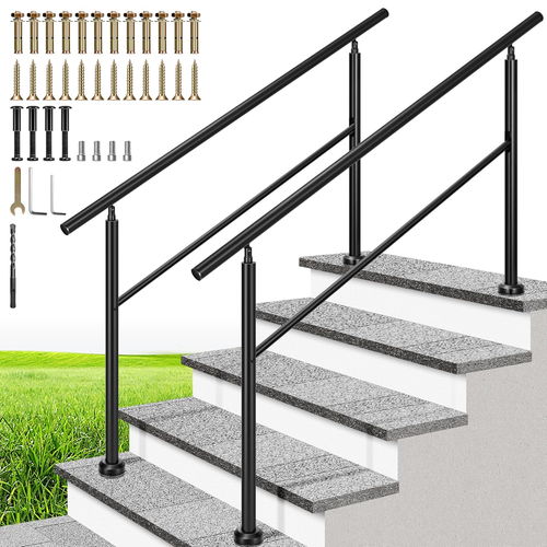 2-Pack Hand Rails for Outdoor Steps, Wrought Iron Railing, Black round Exterior