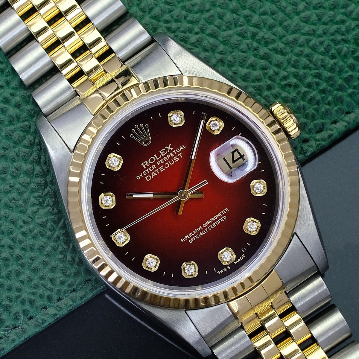 Rolex Mens Datejust 18Y & SS Red Diamond Dial Fluted Watch 16013 w