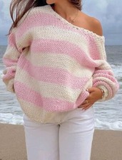 Women Sm Striped Chunky Knit Sweater Drop Shoulder Long Sleeve V-Neck Oversized