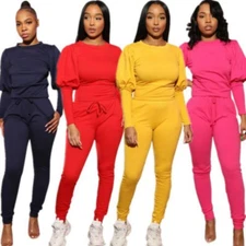 Stylish New Women's Long Puff Sleeves O Neck Solid Bodycon Casual Pants Set 2pcs