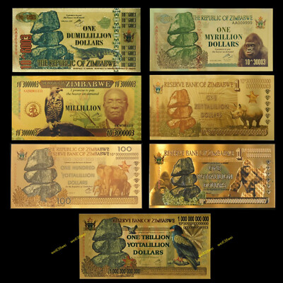 Simbabwe 7 Stck. Goldfolie hochwertige Banknoten Dumillion bis Billion Yottalillion