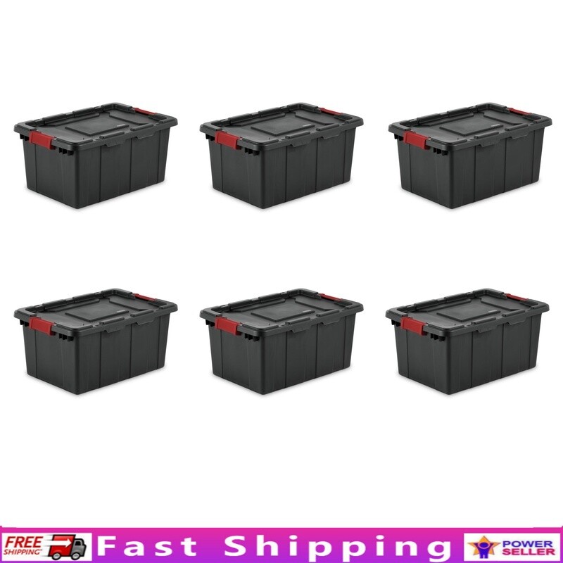 Heavy Duty 15 Gallon Plastic Storage Bin with Latch Lid 6 Pack Industrial Tote Box