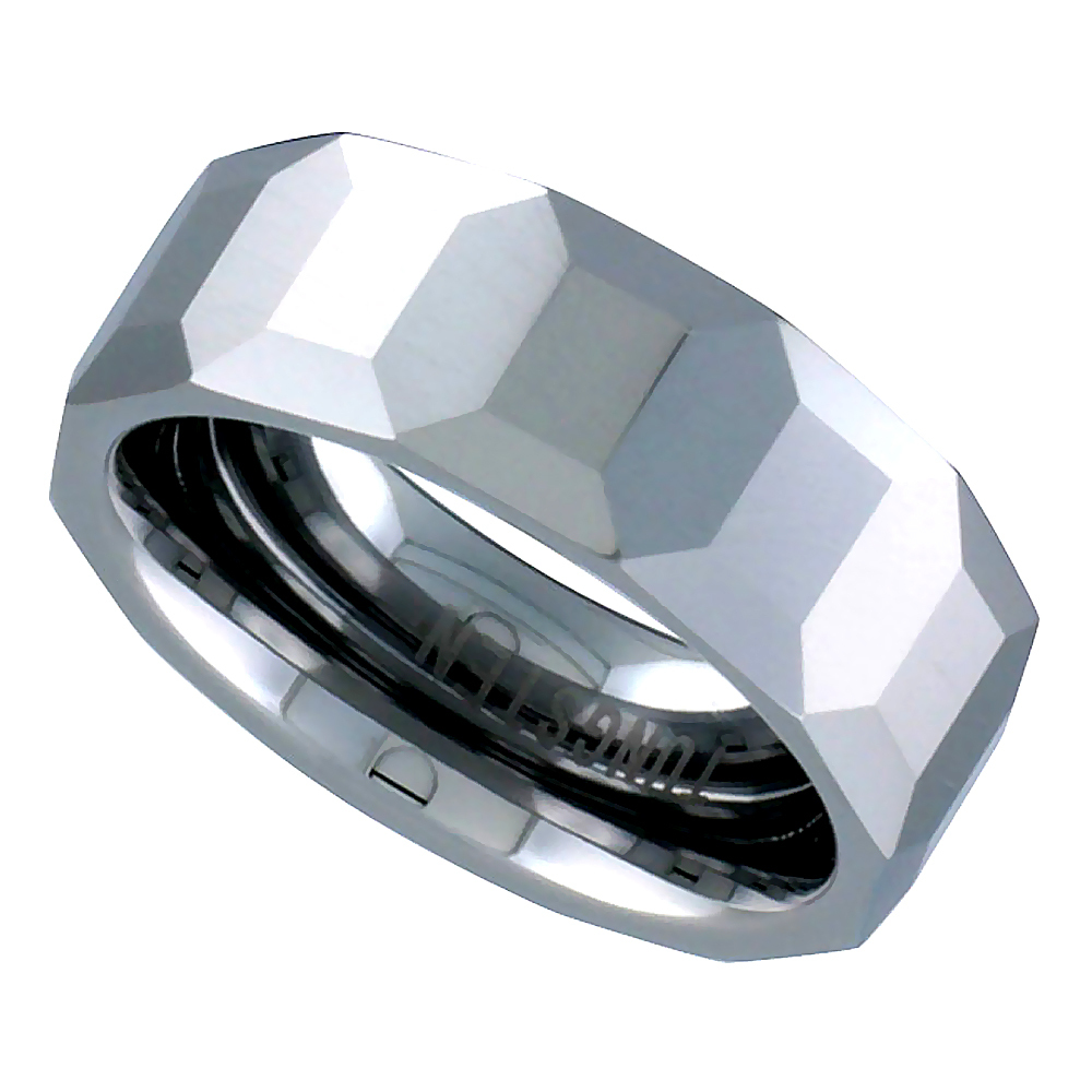 8mm Faceted Dome Tungsten Wedding Band with Octagon Pattern and Comfort Fit-image
