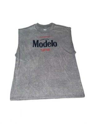Modelo Beer Sleeveless Graphic Tank Top Men s Medium Gray Acid Wash Double Sided