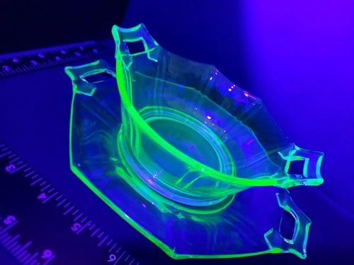 Vintage Green Uranium Depression Glass Bowl and Plate Both with Handles