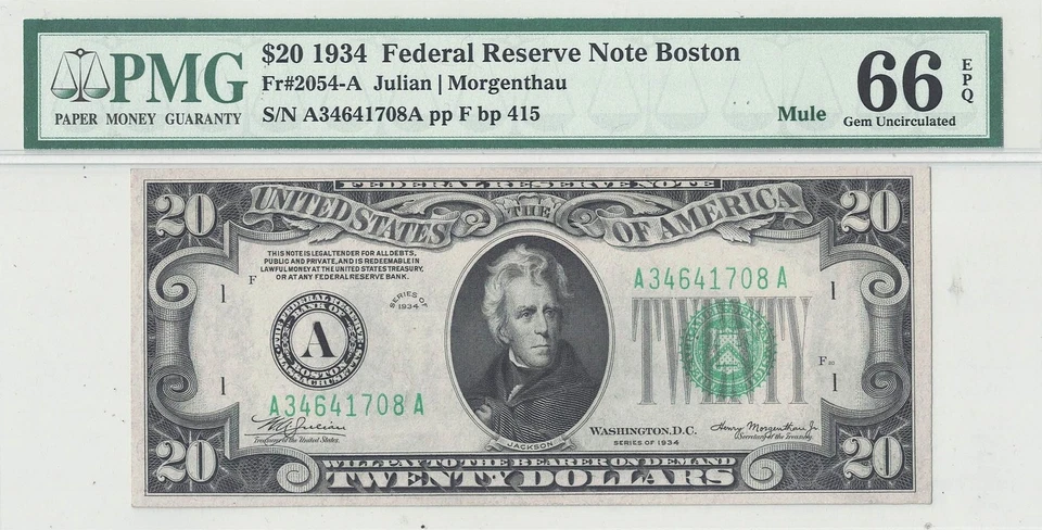 1934 $20 Federal Reserve Note Mule Fr-2054-Am PMG Gem CU-66 EPQ - Image 2 of 3