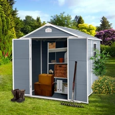 Resin Storage Shed Outdoor Garden Shed with Window & Doors for Backyard Gray