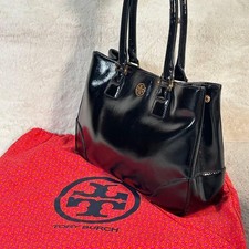 TORY BURCH Patent Leather Logo Hand Tote Bag Women Black Gold With mirror
