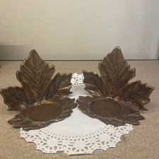 Set Of 2 Vintage Metal Bronze Brass Maple Leaf Wall Candle Holder Rustic. 