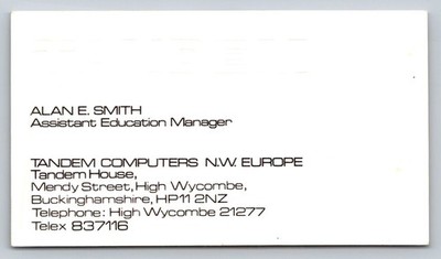 Vintage Business Card Alan Smith Tandem Computers Europe Buckinghamshire England