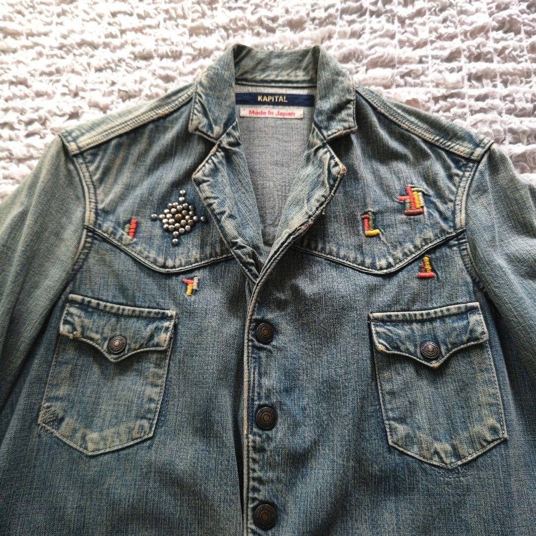 KAPITAL Studded Embroidered Denim Jacket Size 1 S Indigo Blue
