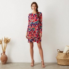 Boho Cottage Mini Dress Multi Floral Jersey Shift Long Sleeve Stretch M