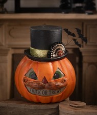 Bethany Lowe 15" Trick or Treat Pumpkin Stache Top Hat Halloween Decor Figure