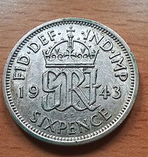 1943 King George VI Sixpence Coin, .500 Silver, Great Britain