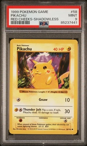 1999 POKEMON GAME RED CHEEKS-SHADOWLESS #58 PIKACHU PSA 9