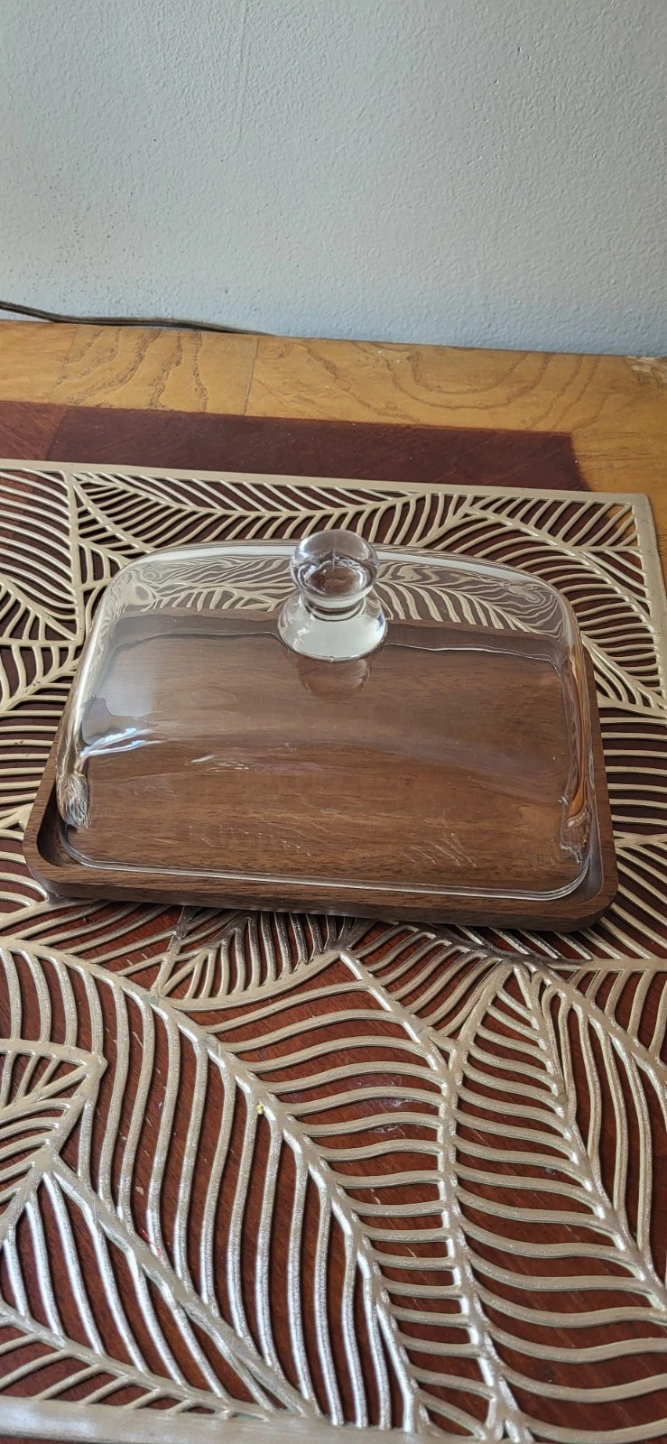 Wooden and Glass Covered Butter Dish, Rectangular, 7×5in with Lid/ New