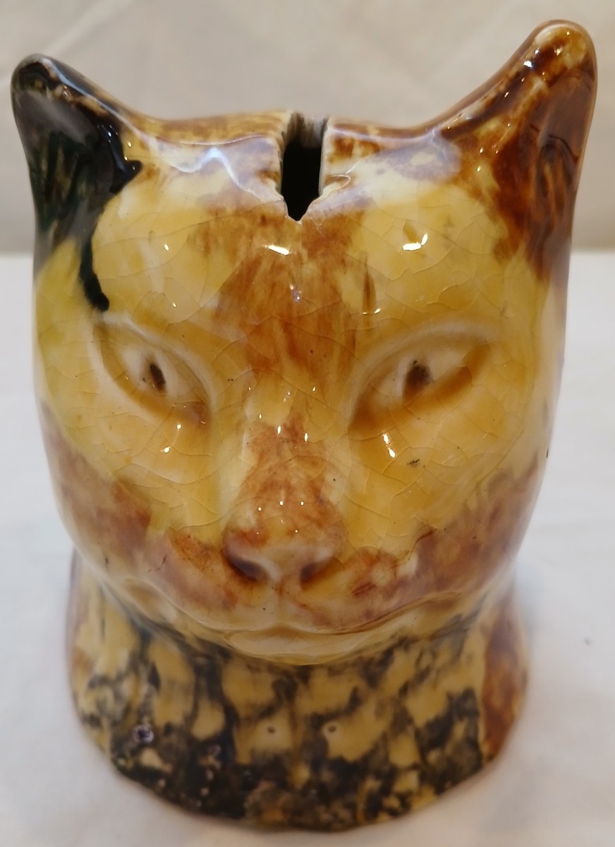 Antique Roseville Novelty Art Pottery Yellow Ware Cat Head Coin