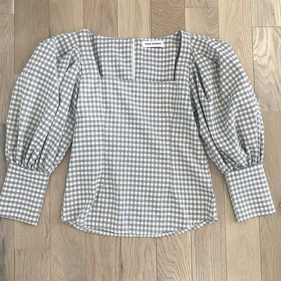 Pixie Market Puff Sleeve Top Size Medium Plaid Print Cream Black
