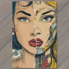 Art Print Half Tattoo Comic Explosion Woman Face Red Lips Mixed Style