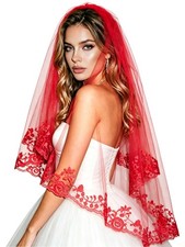 Elegant Red Lace Bridal Veil with Embroidered Floral Edge for Weddings