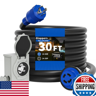 Gloppers 30 Amp Generator Cord And Power Inlet 30Ft 125V/250V 4 Prong Sjtw