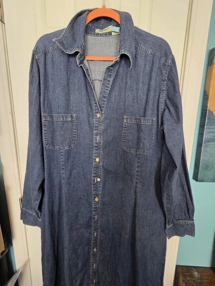 EDDIE BAUER Long Sleeve Maxi Denim Shirt Dress 2XL TALL Boho Retro Y2K Prairie - Image 3 of 4