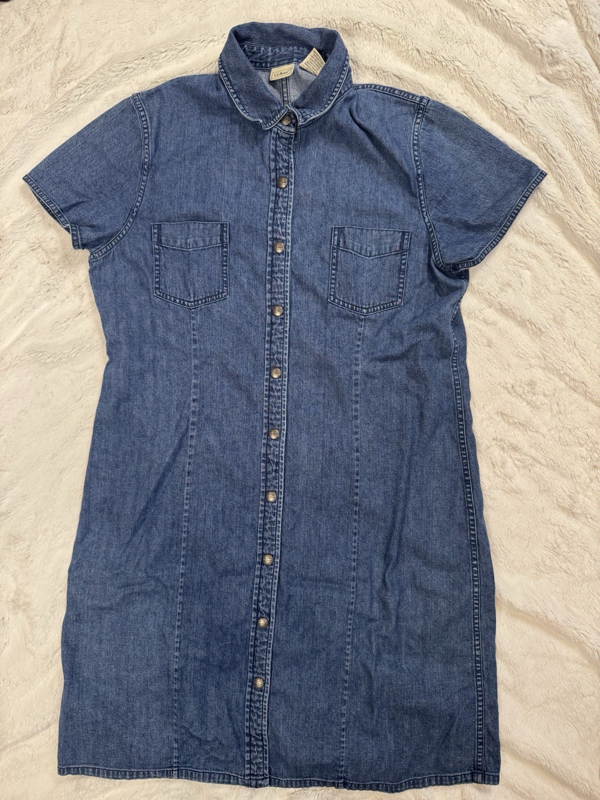 Vintage L.L. Bean Denim Midi Dress Sheath Size 14 Snap Front Western Cottagecore