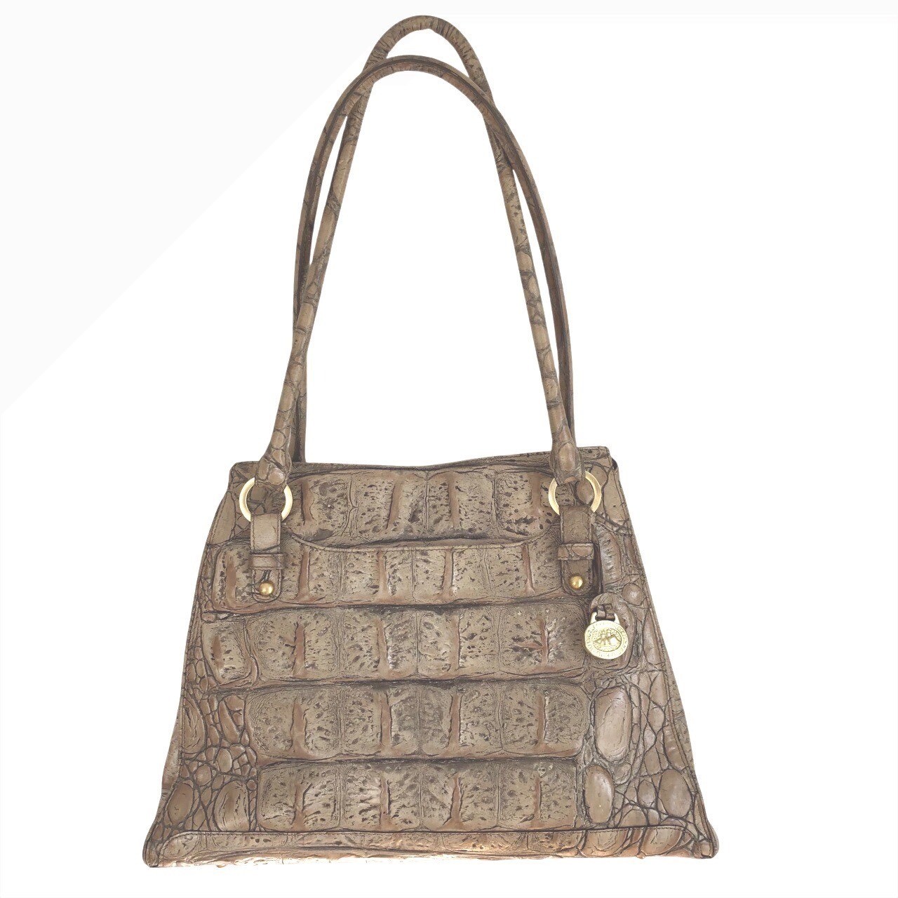 Brahmin Croc Embossed Leather Shoulder Bag Taupe Brown Tote Mob Wife Quiet Lux