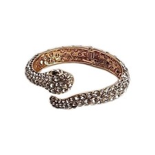 Snake Bracelet Hinged White Pave Rhinestones Black Eyes Gold Tone Size 6.5 to 7