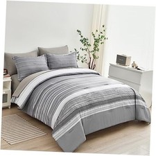 7 Piece Bed in a Bag Stripe Comforter Set Queen Size, White Grey Patchwork