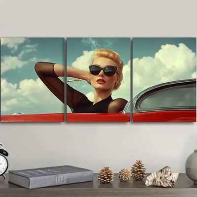 3pcs  a Woman in Black Glasses Leaning  Wall Art Canvas Unframed/Framed