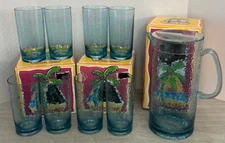 Vintage 7 Piece  Blue Acrylic Beverage Set-Pitcher and 8 Tumblers In Box