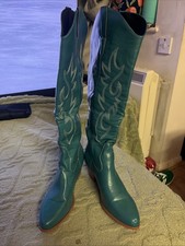 Ladies Long Length Peacock Blue Cowboy Boots Size 8 Block Heel Pull On