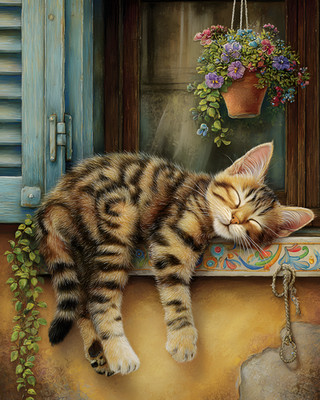 8x10 Cozy Storybook Cat Sleeping on Window Sie Art Print Cottagecore - 822232253