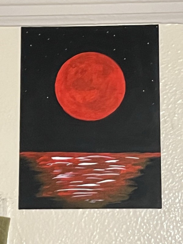 Original Painting Red Moon Over Water Night Sky Seascape Contemporary Unframed