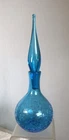 VINTAGE BLENKO GLASS DECANTER 627s WAYNE HUSTED TURQOISE CRACKLE W/FLAME STOPPER