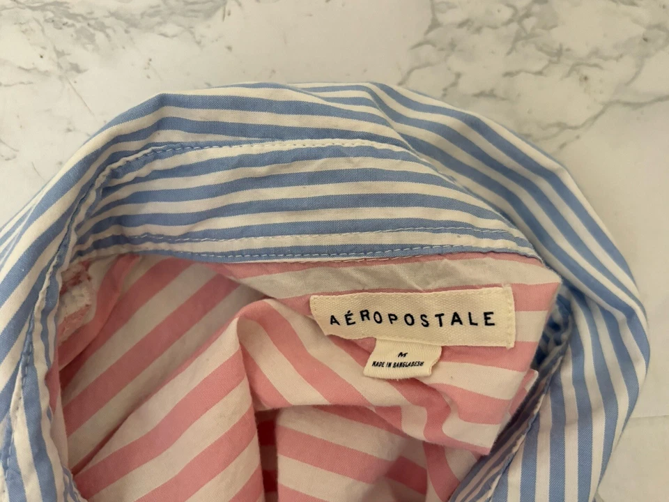 Camisa Aeropostale Abotonada Para Hombre M Manga Larga Azul Marino Algodón Bloques de Color Rayas C1 Foto 4 de 4