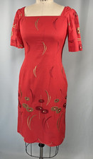 Vintage Dress SIZE SMALL red sheath embroidered 90s 80s Classic