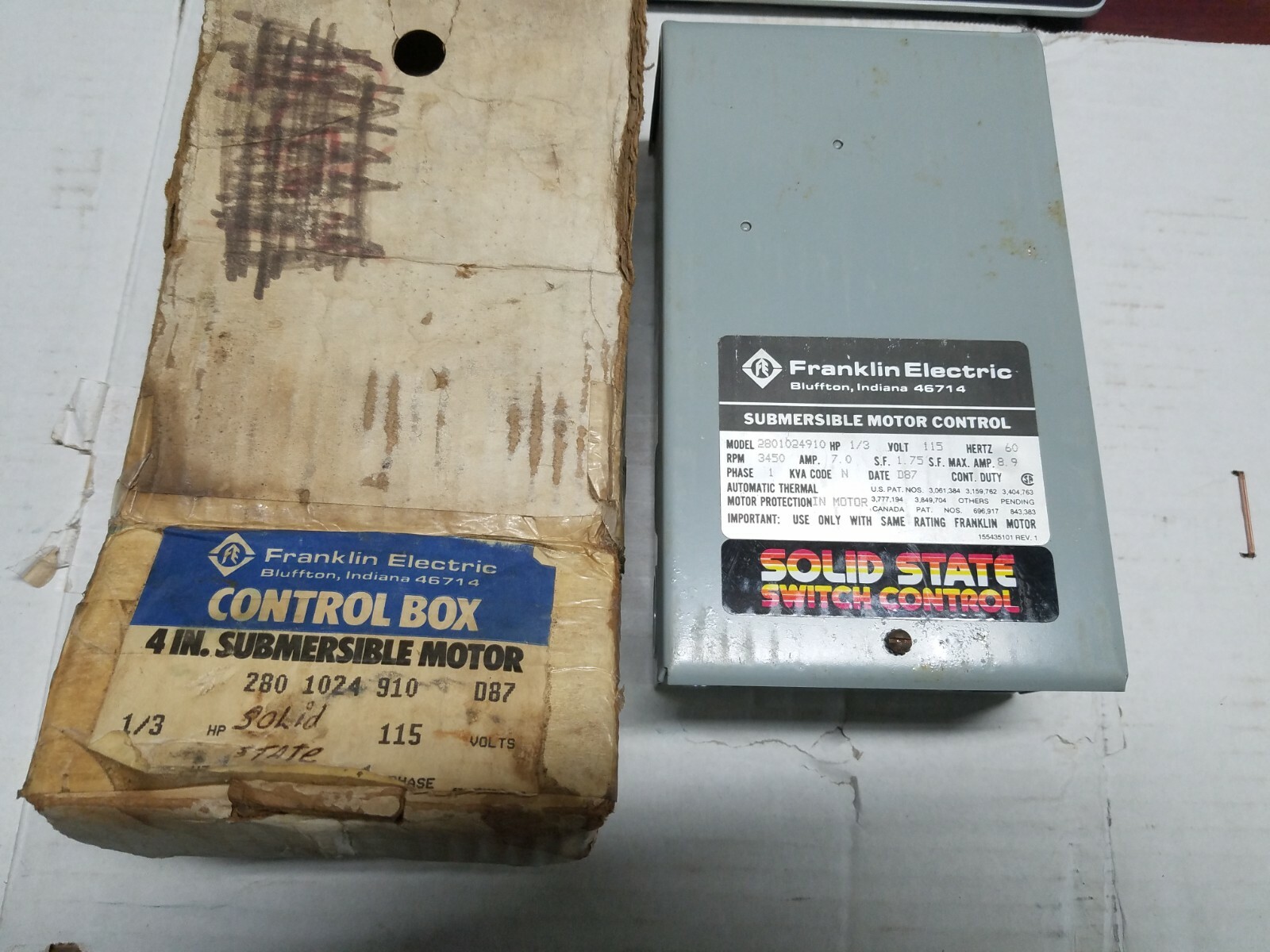 FRANKLIN ELECTRIC CONTROL BOX FOR 4" SUB. MOTOR 1/3HP P/N 280 1024 910